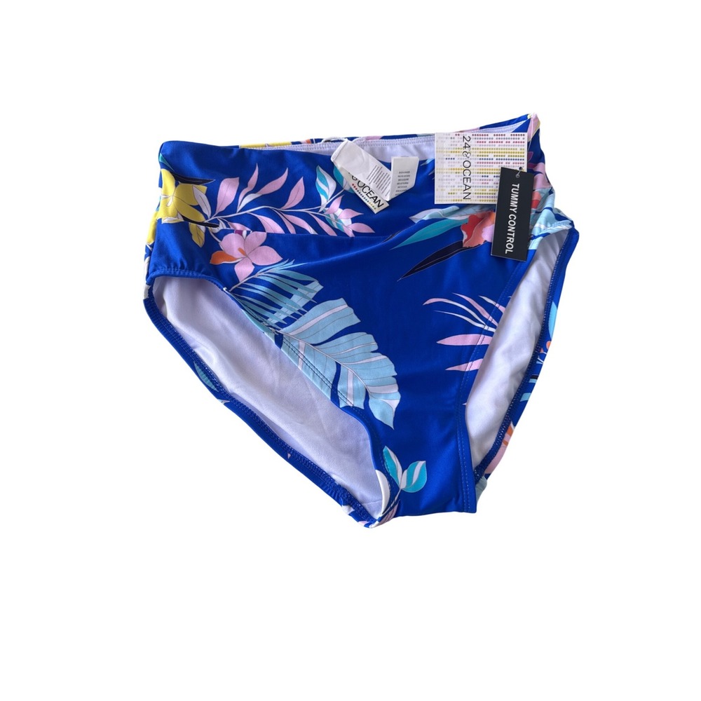 24th & Ocean Laguna Trop Mid Waist Bikini Bottom Tummy Control Blue Floral S NWT